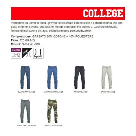 pantalone college uomo in felpa, girovita elasticizzato con coulisse e cordino in tinta