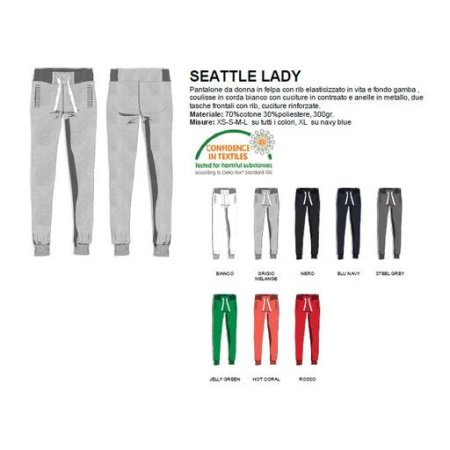 pantalone seattle lady donna in felpa, rib elasticizzato in vita e a fondo gamba