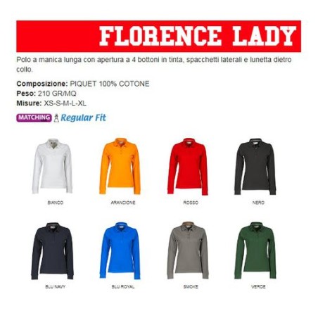 Polo FLORENCE LADY sfiancata da donna manica lunga con 4 bottoni in tinta effetto perlato