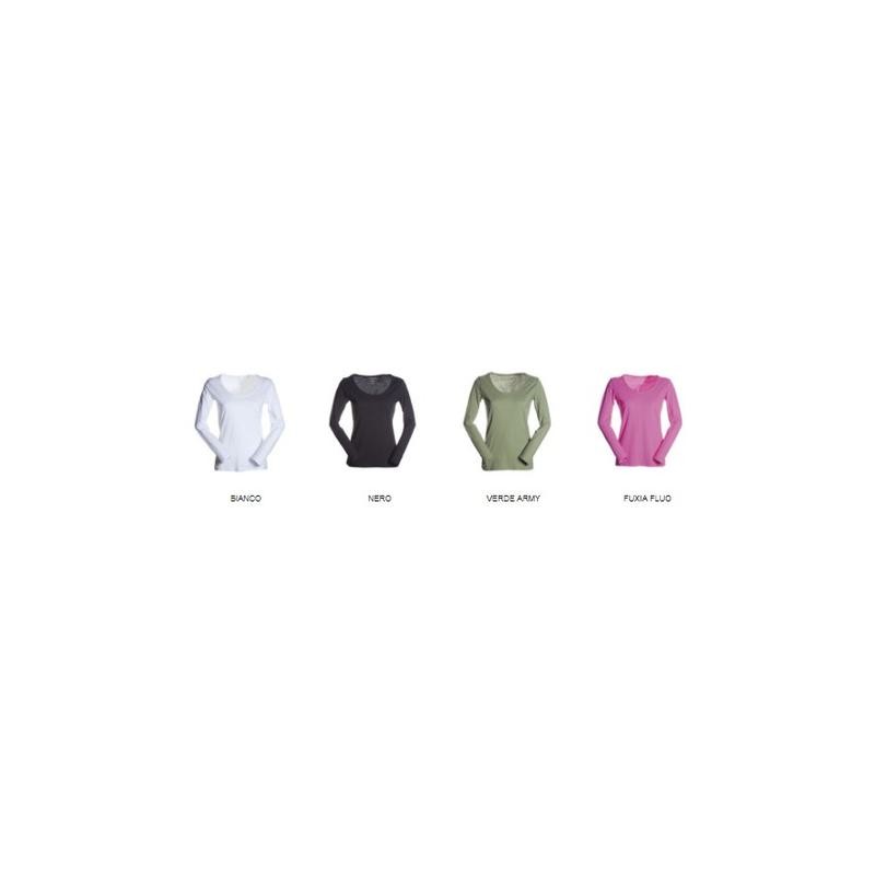 T-shirt sfiancata da donna manica lunga con girocollo ampio